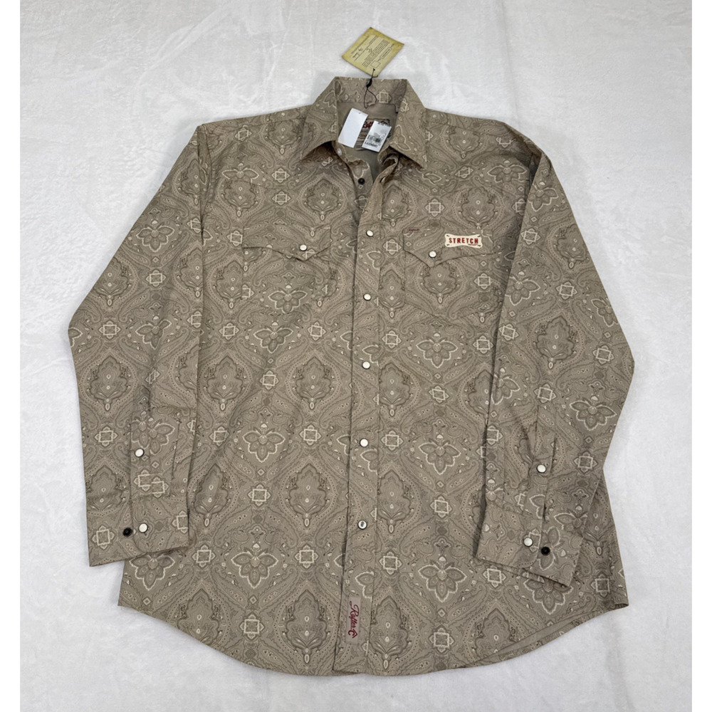 NWT Rafter C Cowboy Collection Mens Tan Paisley Pearl Snaps Shirt Size Large